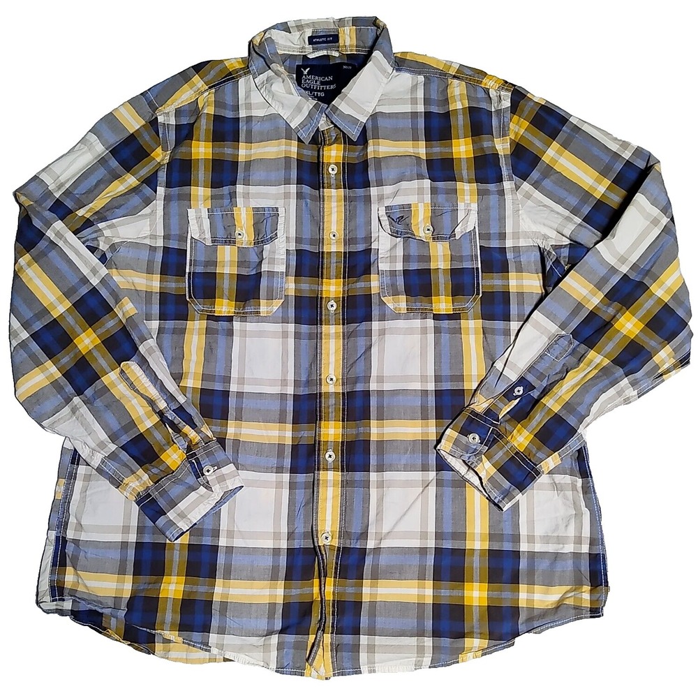 AMERICAN EAGLE ATHLETIC FIT Men 2XL Blue Gold Plaid Button-Up Long Sleeve Shirt